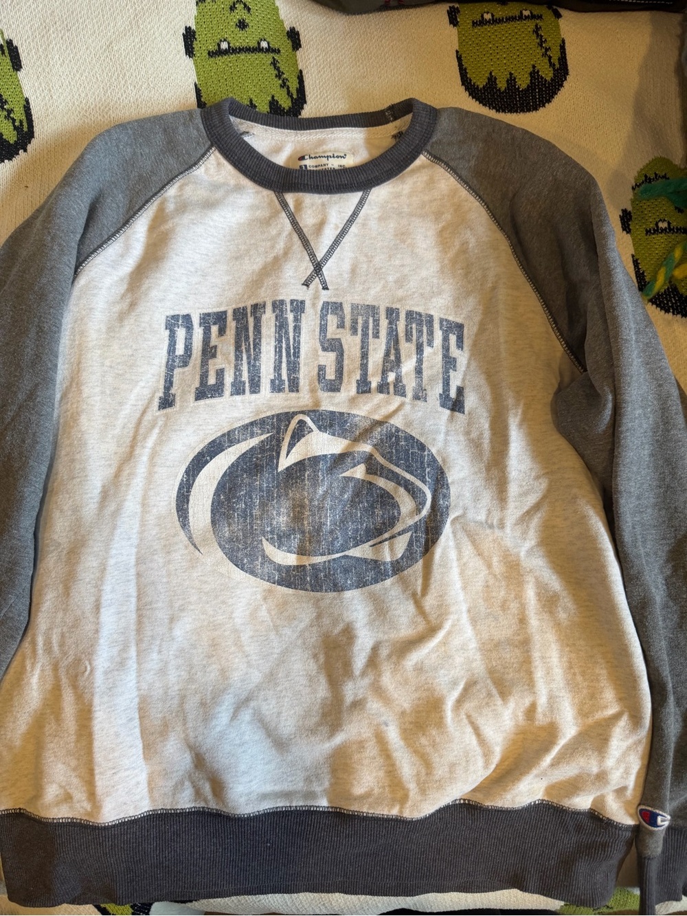 Champion Penn State Gray and Dark Gray Raglan Crewneck Sweatshirt
